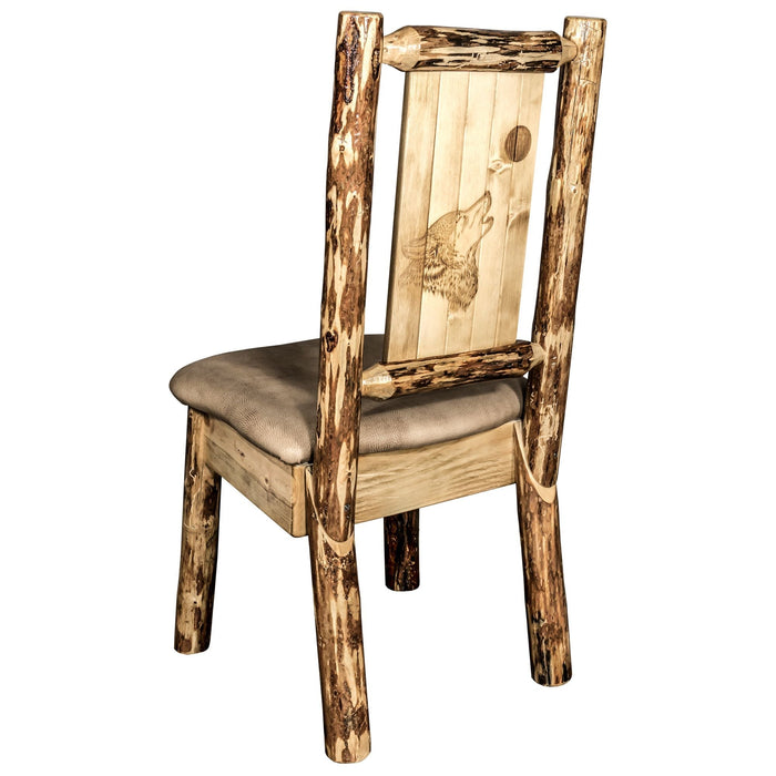 Montana Woodworks Glacier Country Side Chair - Buckskin Upholstery w/ Laser Engraved Design Stained & Lacquered / Wolf Dining, Kitchen, Home Office MWGCKSCNBUCKLZWOLF 661890426631