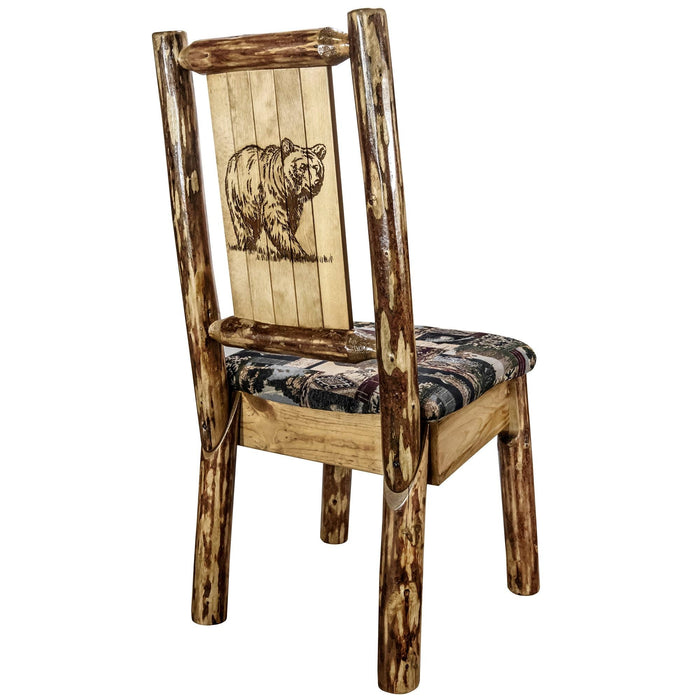 Montana Woodworks Glacier Country Side Chair - Woodland Upholstery w/ Laser Engraved Design Stained & Lacquered / Bear Dining, Kitchen, Home Office MWGCKSCNWOODLZBEAR 661890467245