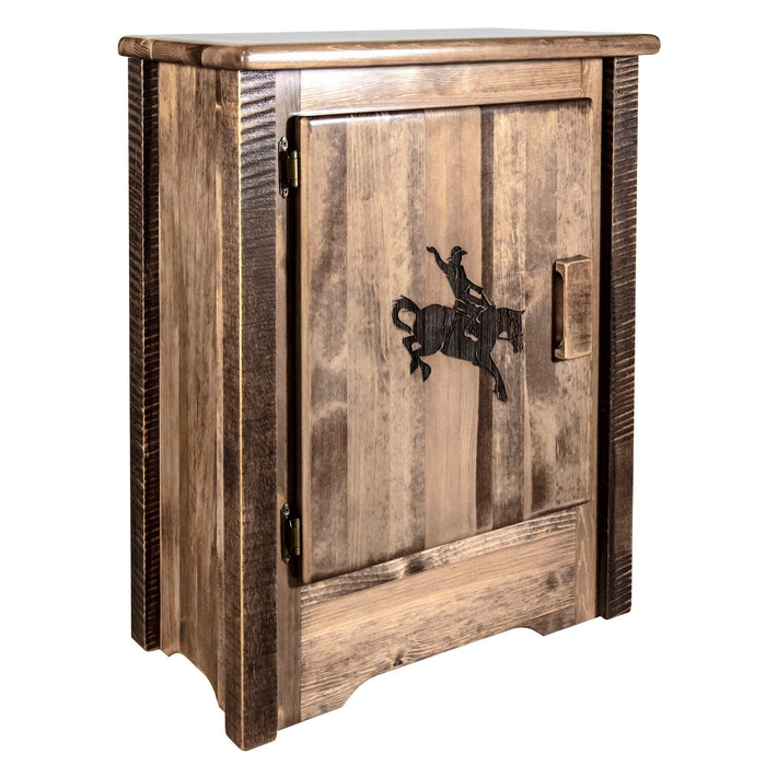 Montana Woodworks Homestead Accent Cabinet w/ Laser Engraved Design Left Hinged Stained & Lacquered / Bronc Living Area, Entry, Study, Home Office MWHCACCCABLHSLLZBRONC 661890461038