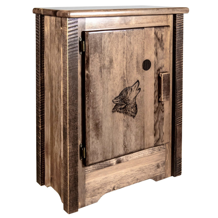 Montana Woodworks Homestead Accent Cabinet w/ Laser Engraved Design Left Hinged Stained & Lacquered / Wolf Living Area, Entry, Study, Home Office MWHCACCCABLHSLLZWOLF 661890461274