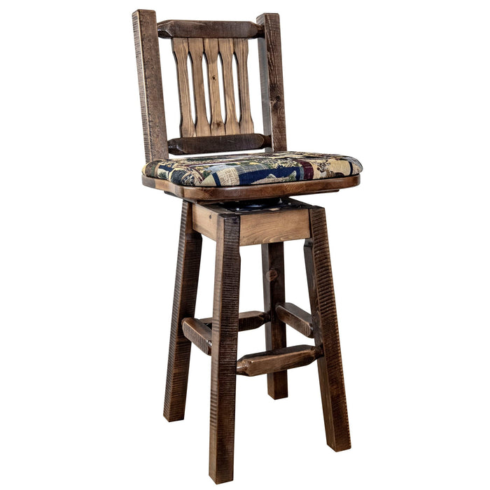 Montana Woodworks Homestead Barstool Back & Swivel w/ Upholstered Seat Woodland Pattern Stained & Lacquered Dining, Kitchen, Game Room, Bar MWHCBSWSNRSLWOOD 661890464336