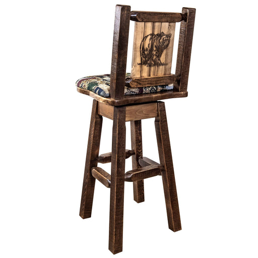 Montana Woodworks Homestead Barstool Back & Swivel Woodland Pattern Upholstery w/ Laser Engraved Design Stained & Lacquered / Bear Dining, Kitchen, Game Room, Bar MWHCBSWSNRSLWOODLZBEAR 661890464756