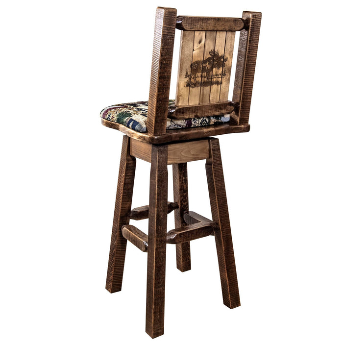 Montana Woodworks Homestead Barstool Back & Swivel Woodland Pattern Upholstery w/ Laser Engraved Design Stained & Lacquered / Moose Dining, Kitchen, Game Room, Bar MWHCBSWSNRSLWOODLZMOOSE 661890464930