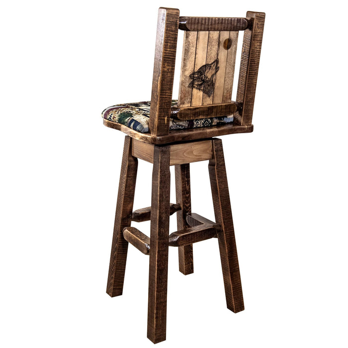 Montana Woodworks Homestead Barstool Back & Swivel Woodland Pattern Upholstery w/ Laser Engraved Design Stained & Lacquered / Wolf Dining, Kitchen, Game Room, Bar MWHCBSWSNRSLWOODLZWOLF 661890465050