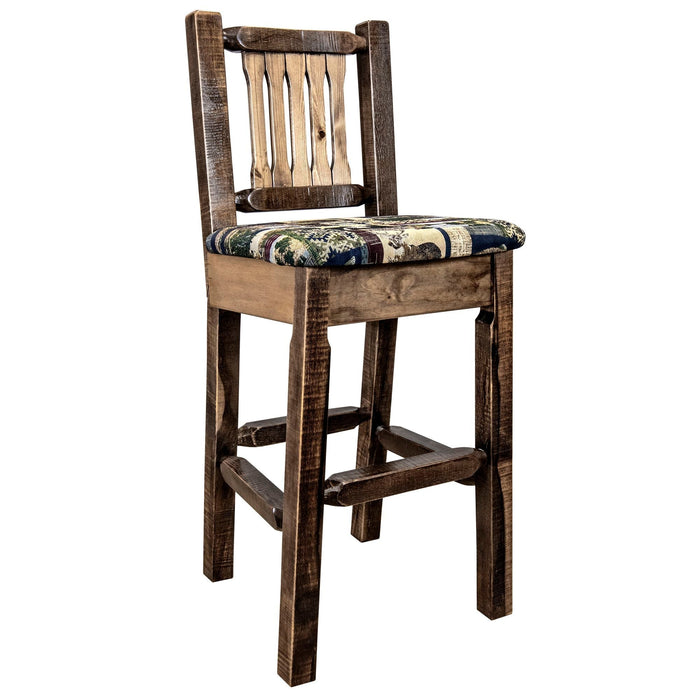 Montana Woodworks Homestead Barstool Back w/ Upholstered Seat Woodland Pattern Stained & Lacquered Dining, Kitchen, Game Room, Bar MWHCBSWNRSLWOOD 661890464275