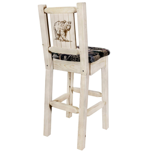 Montana Woodworks Homestead Barstool Back Woodland Upholstery w/ Laser Engraved Design Clear Lacquer Finish Lacquered / Bear Dining, Kitchen, Game Room, Bar MWHCBSWNRVWOODLZBEAR 661890464381