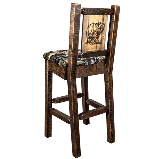 Montana Woodworks Homestead Barstool Back Woodland Upholstery w/ Laser Engraved Design Stain & Lacquer Finish Stained & Lacquered / Bear Dining, Kitchen, Game Room, Bar MWHCBSWNRSLWOODLZBEAR 661890464398