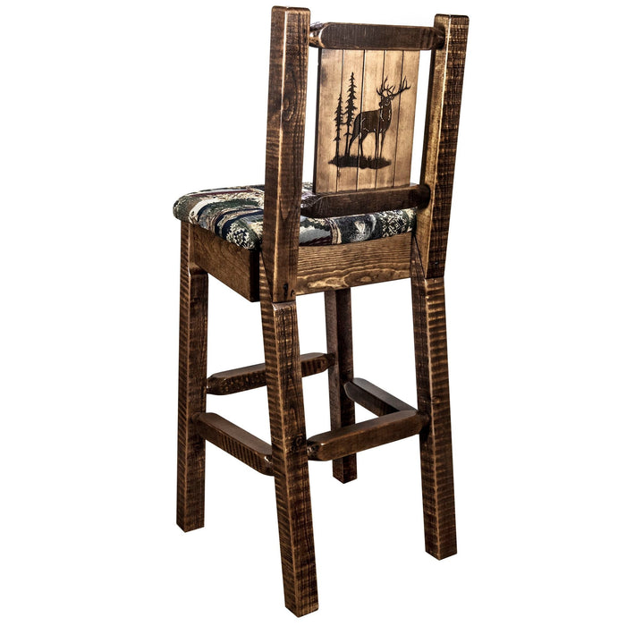 Montana Woodworks Homestead Barstool Back Woodland Upholstery w/ Laser Engraved Design Stain & Lacquer Finish Stained & Lacquered / Elk Dining, Kitchen, Game Room, Bar MWHCBSWNRSLWOODLZELK 661890464510