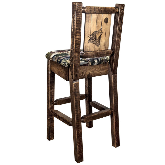 Montana Woodworks Homestead Barstool Back Woodland Upholstery w/ Laser Engraved Design Stain & Lacquer Finish Stained & Lacquered / Wolf Dining, Kitchen, Game Room, Bar MWHCBSWNRSLWOODLZWOLF 661890464695