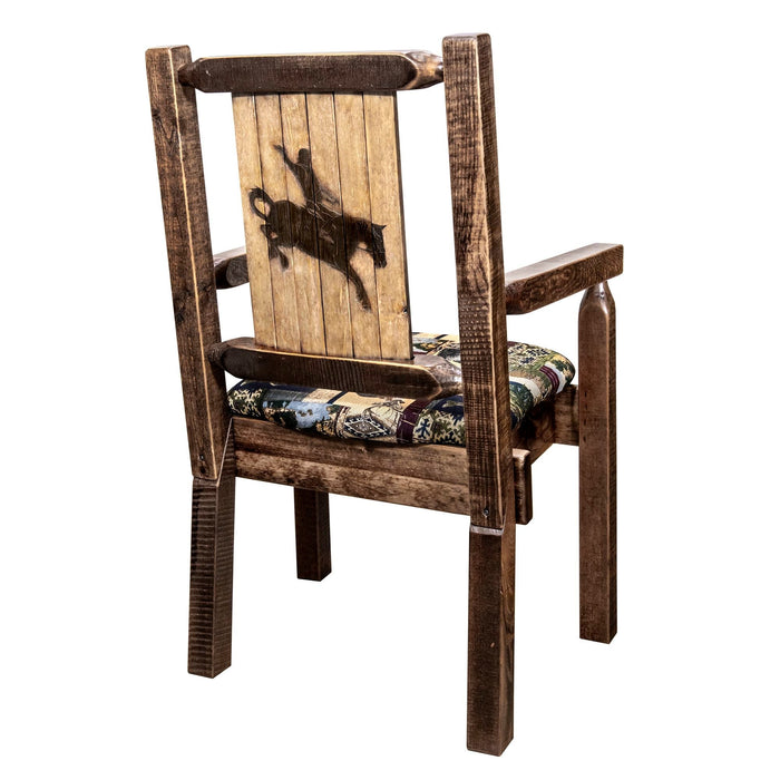 Montana Woodworks Homestead Captain's Chair Woodland Upholstery w/ Laser Engraved Design Stained & Lacquered / Bronc Dining, Kitchen, Home Office MWHCCASCNSLWOODLZBRONC 661890466910