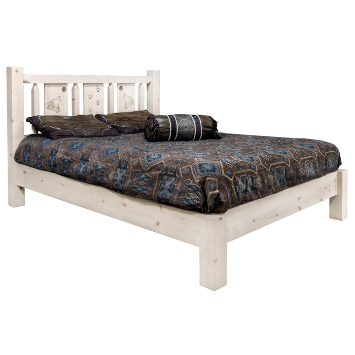 Montana Woodworks Homestead Platform Bed w/ Laser Engraved Design Clear Lacquer Finish Wolf / California King Beds MWHCPBCAKVLZWOLF 661890435718