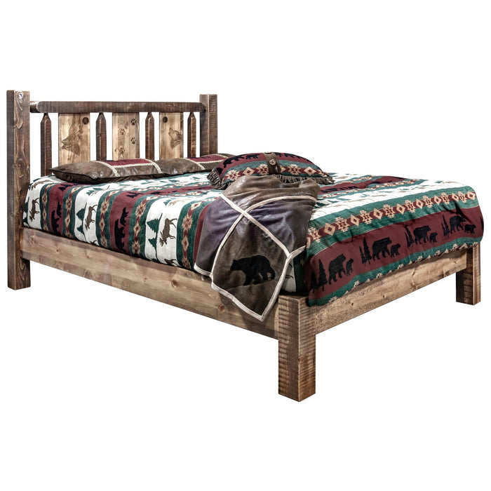 Montana Woodworks Homestead Platform Bed w/ Laser Engraved Design Stain & Clear Lacquer Finish Wolf / Twin Beds MWHCPBTSLLZWOLF 661890434285