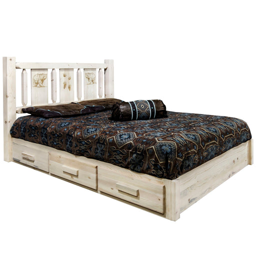 Montana Woodworks Homestead Platform Bed w/ Storage Laser Engraved Bear Design Clear Lacquer Finish Bear / Twin Beds MWHCSBPTVLZBEAR 661890435770