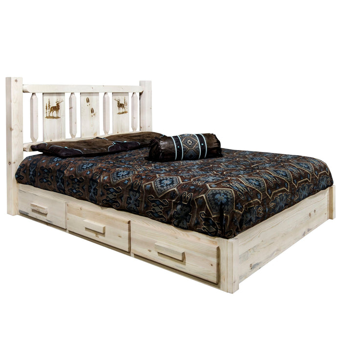 Montana Woodworks Homestead Platform Bed w/ Storage Laser Engraved Bear Design Clear Lacquer Finish Elk / King Beds MWHCSBPKVLZELK 661890436975