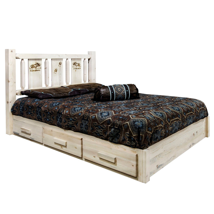 Montana Woodworks Homestead Platform Bed w/ Storage Laser Engraved Bear Design Clear Lacquer Finish Moose / Queen Beds MWHCSBPQVLZMOOSE 661890436678