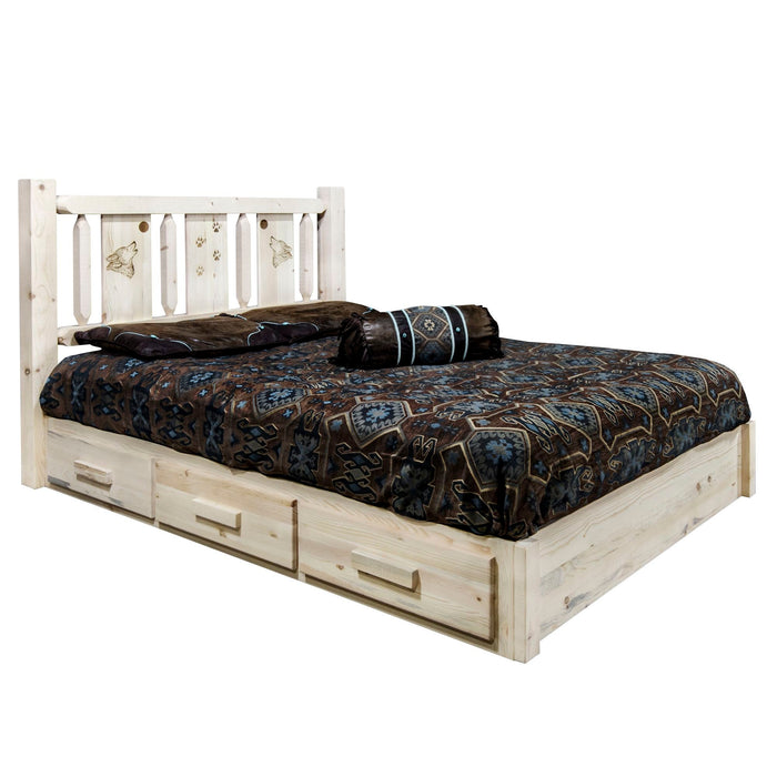 Montana Woodworks Homestead Platform Bed w/ Storage Laser Engraved Bear Design Clear Lacquer Finish Wolf / Full Beds MWHCSBPFVLZWOLF 661890436432