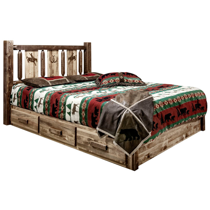 Montana Woodworks Homestead Platform Bed w/ Storage Laser Engraved Design Stain & Clear Lacquer Finish Bronc / Twin Beds MWHCSBPTSLLZBRONC 661890435848