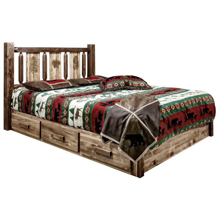 Montana Woodworks Homestead Platform Bed w/ Storage Laser Engraved Design Stain & Clear Lacquer Finish Pine Tree / Twin Beds MWHCSBPTSLLZPINE 661890436029