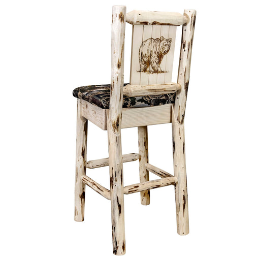 Montana Woodworks Montana Barstool Back Woodland Upholstery w/ Laser Engraved Design Clear Lacquer Finish Lacquered / Bear Dining, Kitchen, Game Room, Bar MWBSWNRVWOODLZBEAR 661890464350