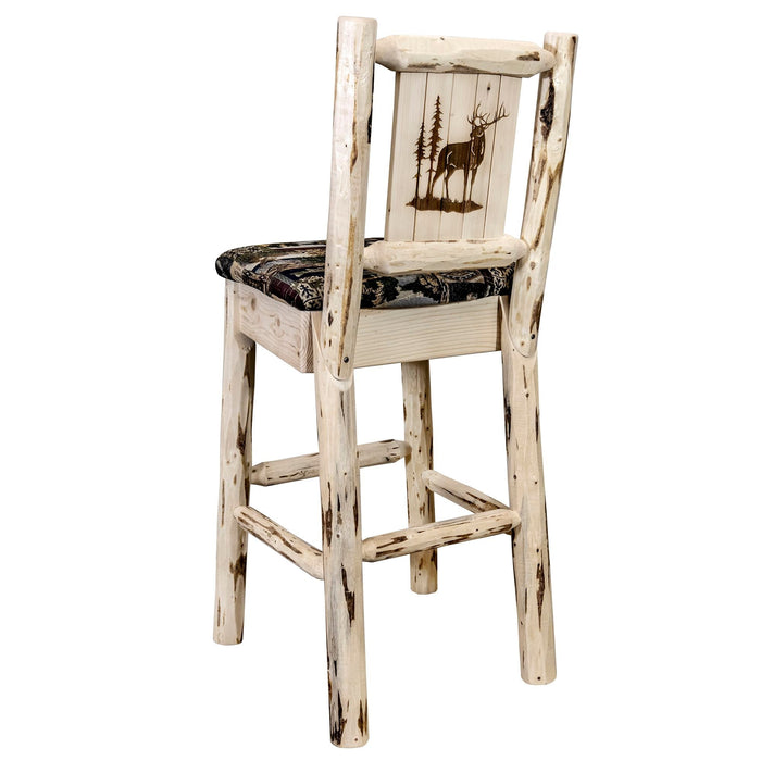 Montana Woodworks Montana Barstool Back Woodland Upholstery w/ Laser Engraved Design Clear Lacquer Finish Lacquered / Elk Dining, Kitchen, Game Room, Bar MWBSWNRVWOODLZELK 661890464473