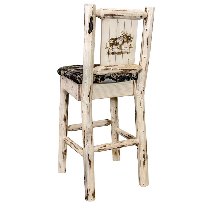 Montana Woodworks Montana Barstool Back Woodland Upholstery w/ Laser Engraved Design Clear Lacquer Finish Lacquered / Moose Dining, Kitchen, Game Room, Bar MWBSWNRVWOODLZMOOSE 661890464534