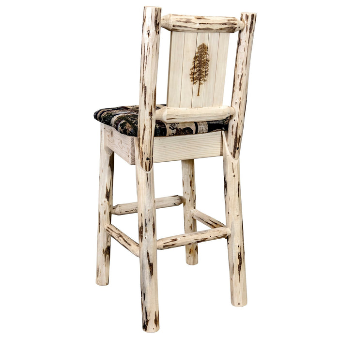 Montana Woodworks Montana Barstool Back Woodland Upholstery w/ Laser Engraved Design Clear Lacquer Finish Lacquered / Pine Dining, Kitchen, Game Room, Bar MWBSWNRVWOODLZPINE 661890464596