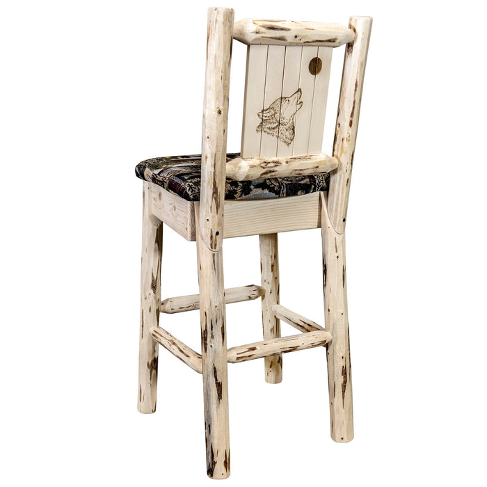 Montana Woodworks Montana Barstool Back Woodland Upholstery w/ Laser Engraved Design Clear Lacquer Finish Lacquered / Wolf Dining, Kitchen, Game Room, Bar MWBSWNRVWOODLZWOLF 661890464657