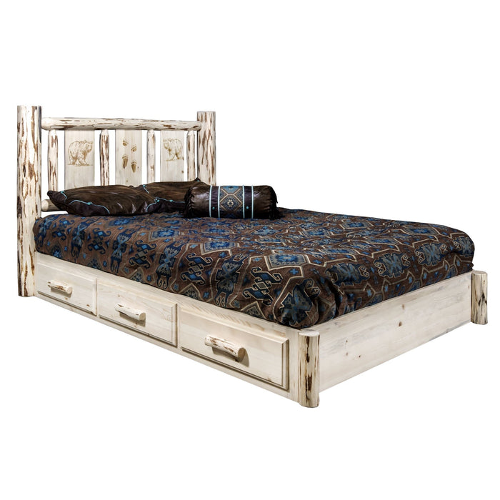 Montana Woodworks Montana Platform Bed w/ Storage Laser Engraved Design Clear Lacquer Finish Bear / King Beds MWSBPKVLZBEAR 661890436821