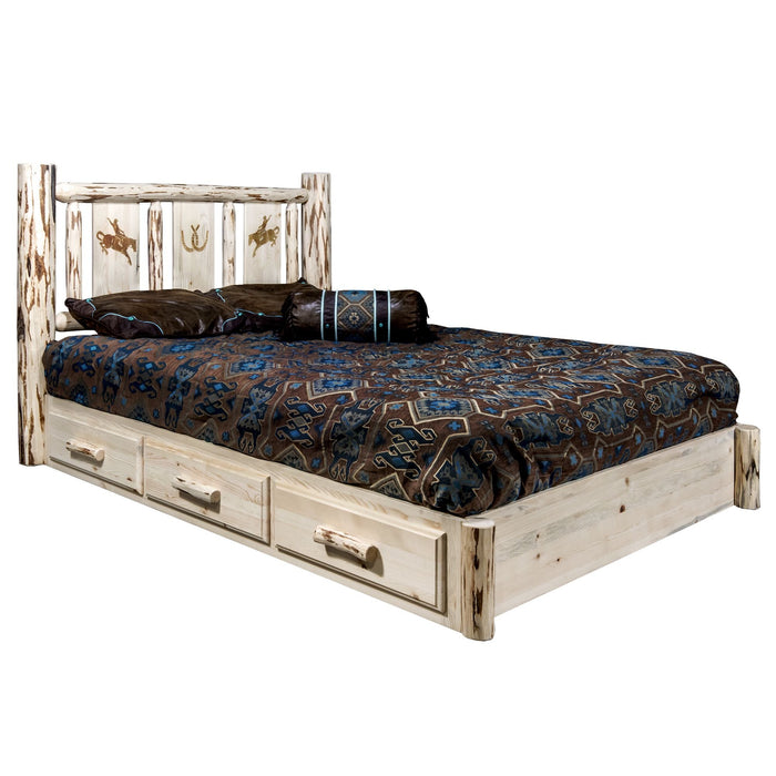 Montana Woodworks Montana Platform Bed w/ Storage Laser Engraved Design Clear Lacquer Finish Bronc / Twin Beds MWSBPTVLZBRONC 661890435800