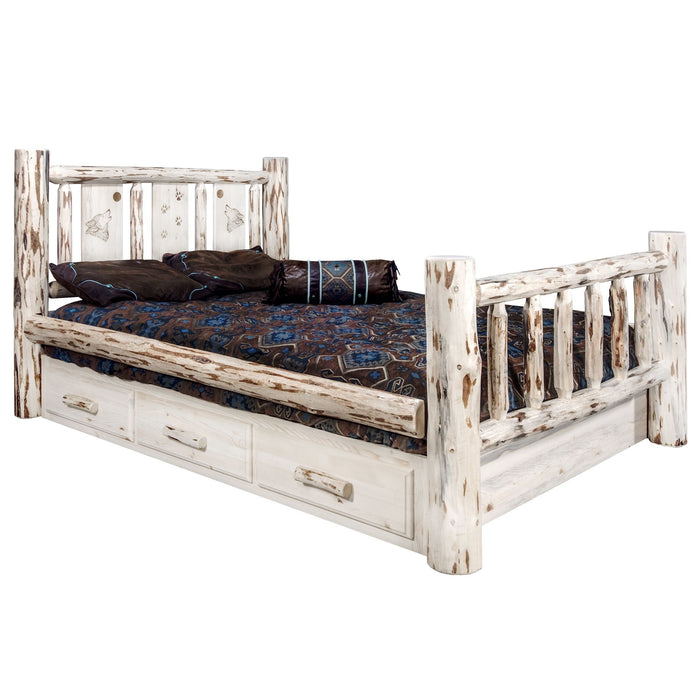 Montana Woodworks Montana Storage Bed w/ Laser Engraved Design Clear Lacquer Finish Wolf / Queen Beds MWSBQVLZWOLF 661890433165