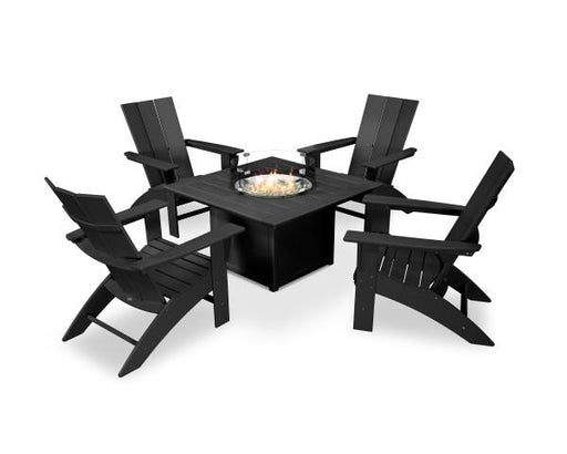 Polywood Polywood Black Modern Curveback Adirondack 5-Piece Conversation Set with Fire Pit Table Black Conversation Table PWS412-1-BL 190609066191