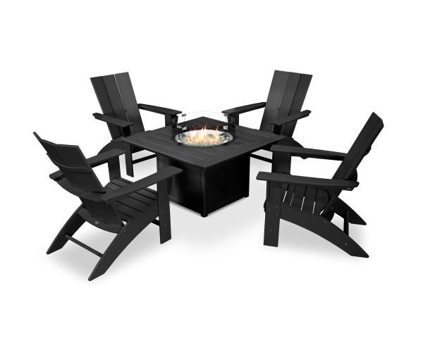 Polywood Polywood Black Modern Curveback Adirondack 5-Piece Conversation Set with Fire Pit Table Black Conversation Table PWS412-1-BL 190609066191