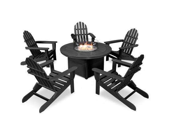 Polywood Polywood Classic Folding Adirondack 6-Piece Conversation Set with Fire Pit Table Black Conversation Table PWS414-1-BL 190609066467