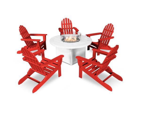 Polywood Polywood Classic Folding Adirondack 6-Piece Conversation Set with Fire Pit Table Sunset Red Conversation Table PWS414-1-10358 190609066443