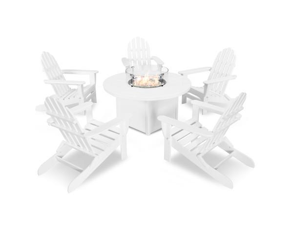 Polywood Polywood Classic Folding Adirondack 6-Piece Conversation Set with Fire Pit Table White Conversation Table PWS414-1-WH 190609066528