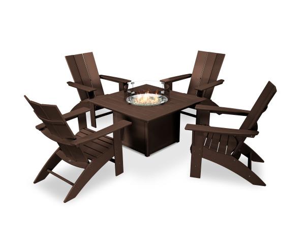 Polywood Polywood Mahogany Modern Curveback Adirondack 5-Piece Conversation Set with Fire Pit Table Mahogany Conversation Table PWS412-1-MA 190609066221