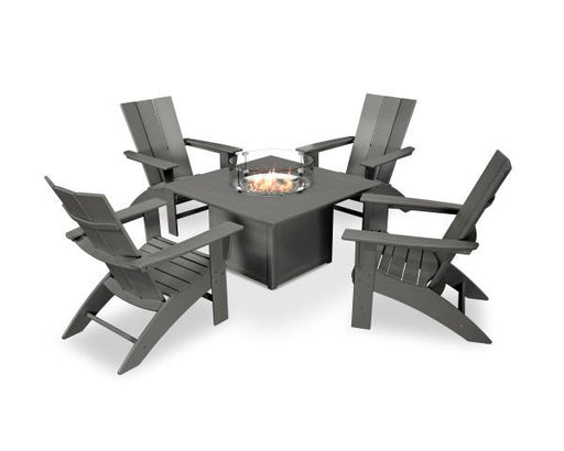 Polywood Polywood Modern Curveback Adirondack 5-Piece Conversation Set with Fire Pit Table Slate Grey Conversation Table PWS412-1-GY 190609066214