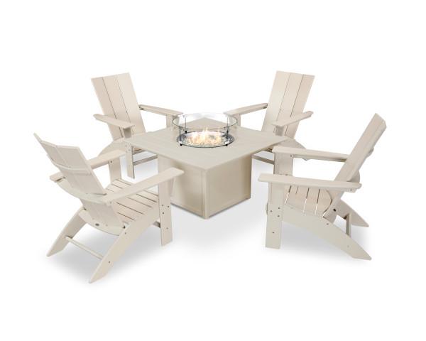 Polywood Polywood Sand Modern Curveback Adirondack 5-Piece Conversation Set with Fire Pit Table Sand Conversation Table PWS412-1-SA 190609066238