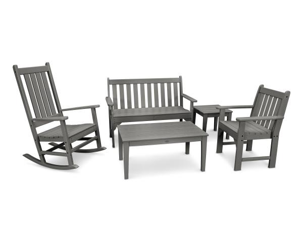 Polywood Polywood Vineyard 5-Piece Bench & Rocking Chair Set Slate Grey Rocking Chair PWS357-1-GY 190609058899