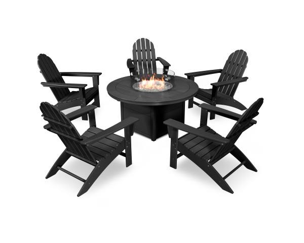 Polywood Polywood Vineyard Adirondack 6-Piece Chat Set with Fire Pit Table Black Adirondack Chair PWS415-1-BL 190609066580
