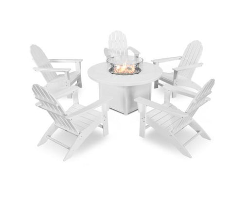 Polywood Polywood White Vineyard Adirondack 6-Piece Chat Set with Fire Pit Table White Adirondack Chair PWS415-1-WH 190609066641